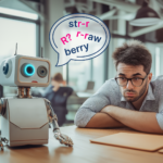 robot-with-word-bubble-strawberry-knowledgeworker-at-desk